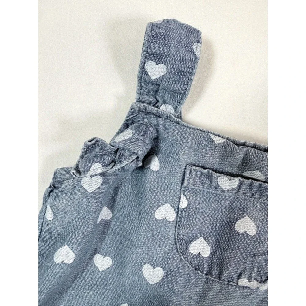 CARTERS Baby Girl Chambray Romper 9M Blue Heart Print Sweet‎ Cottagecore Summer